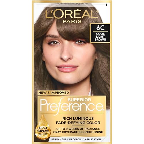 L'Oreal Paris Superior Preference Luminous Fade-Defying Permanent Hair Color, Hair Dye For Up to 9 Weeks of Radiance, Cool Light Brown 6C, 1 Hair Dye