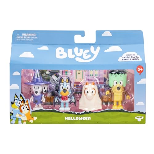 Bluey Halloween Figure 4-Pack – 2.5" Poseable Bingo, Chloe & Lucky in Costumes with Accessories, Kids Recreate Favorite Moments