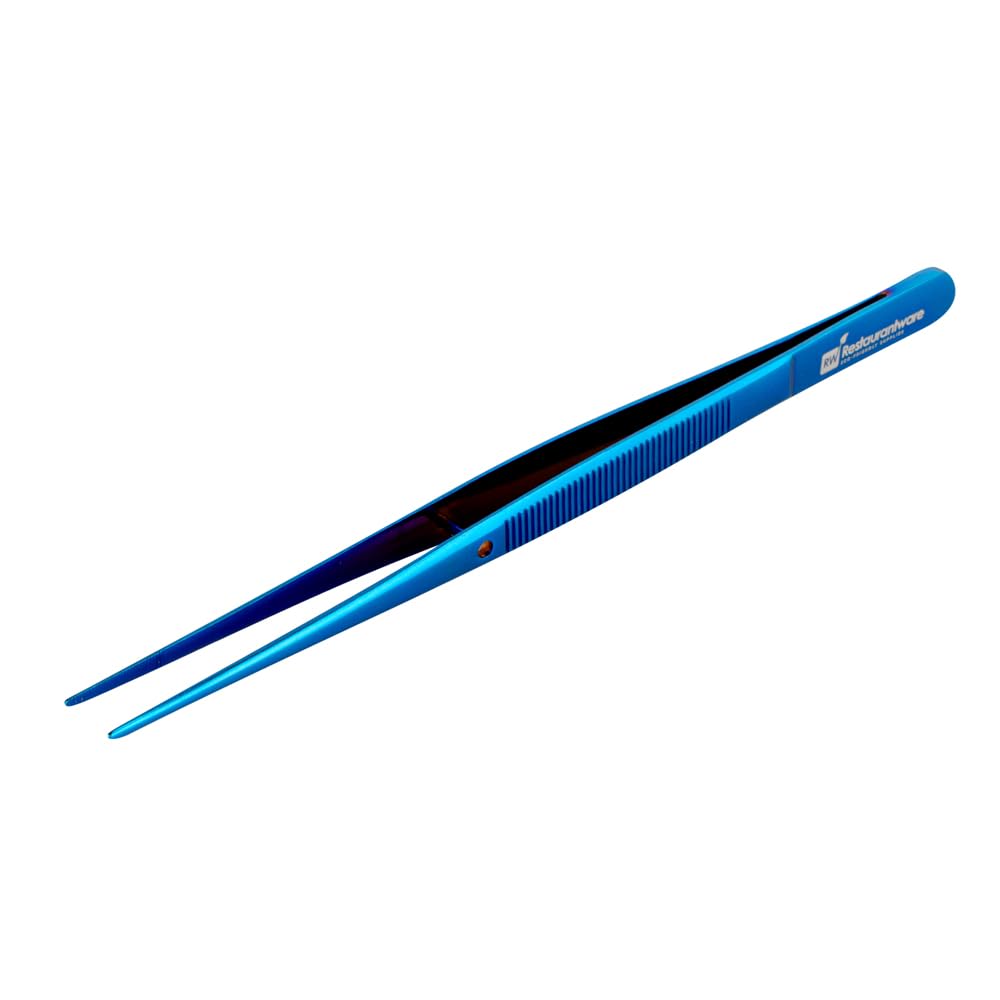 Restaurantware Perfect Point 6.3 Inch Food Tweezers 1 Straight Kitchen Tweezers - Fine Point Serrated Tips For Precision Blue Stainless Steel Cooking