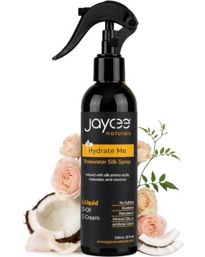 Jaycee Naturals Hydrate Me Rosewater Silk Spray with Silk Amino Acids and Coconut Water To Refresh and Revive All Hair Textures and Styles, Light