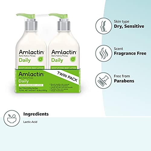 AmLactin Daily Moisturizing Lotion for Dry Skin, 12% Lactic Acid Exfoliating Body Lotion, Twin Pack 7.9 oz Pump Bottles, Dermatologist Recommended