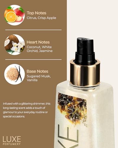 Luxe Perfumery Sugared Orchid Shimmer Body Mist - Long-Lasting Perfume Spray with Glittering Shine, Juicy Citrus & White Orchid Notes, Radiant Glow