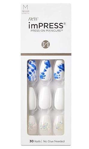 KISS Impress No Glue Mani 30 Pcs Press on Nails, White Nails with Glitter, Blue Tie-Dye Design, Medium Size, Coffin Shape Simple Peel & Press Easy Beauty & Personal Care KISS