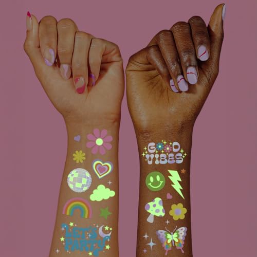 xo, Fetti Groovy Disco Glow in Dark + Foil Temporary Tattoos - 82 pc | Flower Power Birthday Party Supplies, Rave Bachelorette Party Favors, Smiley Beauty and Personal Care xo, Fetti Default Title