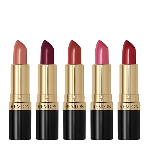 REVLON Super Lustrous Lipstick Gift Set, 5-Piece, Creamy Formula, Moisturized Feel, 755 Bare It All, 477 Black Cherry, 535 Rum Raisin, 805 Candied