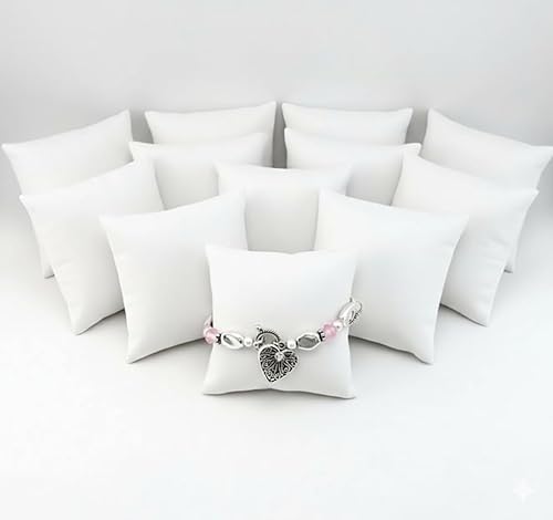 RJ Displays 12 Pack White Faux Leather Watch Pillow Display Set - Bracelet & Bangle Cushion for Jewelry Boxes, Necklace & Bracelet Pillow Display…