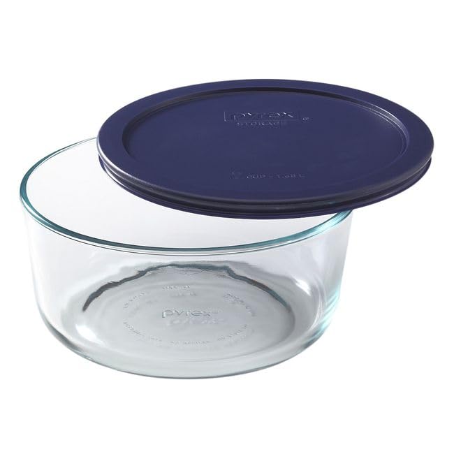 Pyrex Storage Plus 7-Cup Round Glass Food Storage Dish, Blue Cover, Pack of 2