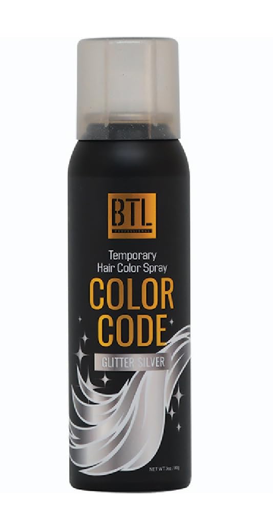 BTL Color Code Temporary Hair Color Spray-On! Vibrant & Easy to Wash | Fast Drying (3oz/80g) (Glitter Silver, 3oz/80g)