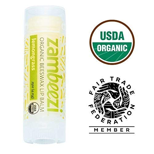 ZAMBEEZI Organic, Fair Trade Beeswax Lip Balm - Lemongrass 3 Pack - Ethically Sourced