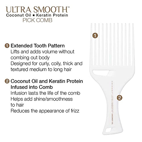 Cricket Ultra Smooth Coconut Hair Pick Comb - Infused with Coconut Oil & Keratin for Frizz-Free Shine and Volume, Ideal for Curly, Thick, and Textured