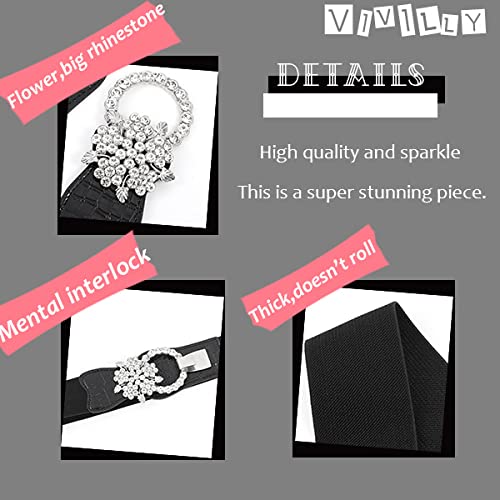 Vivilly Women's Rhinestone Belt Black Crystal Stretchy Retro Wide Waist Belt Flower Cinch Belt for Dress (Flower, M, Black)