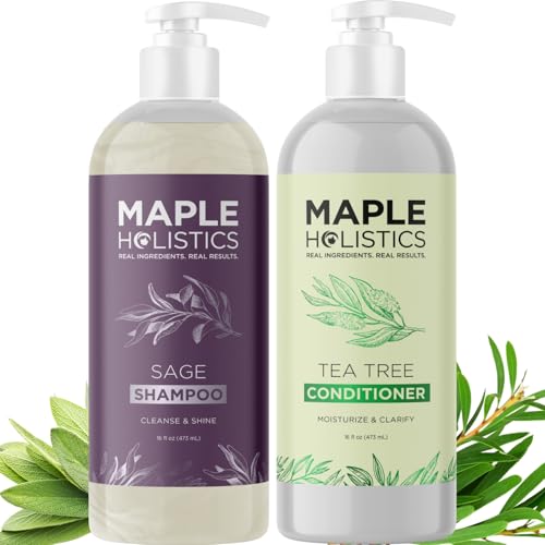 Sulfate Free Shampoo and Conditioner Set - Tea Tree Sage and Rosemary Shampoo and Conditioner for Dry Flaky Scalp Care - Deep Cleansing Color Safe