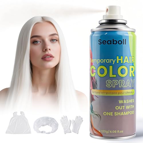 White Hair Spray, Seaboll Temporary Hair Color Spray for Kids Women Men-4.06 oz- Safe Non Sticky Washable One Day Hair Dye Spray,Disposable