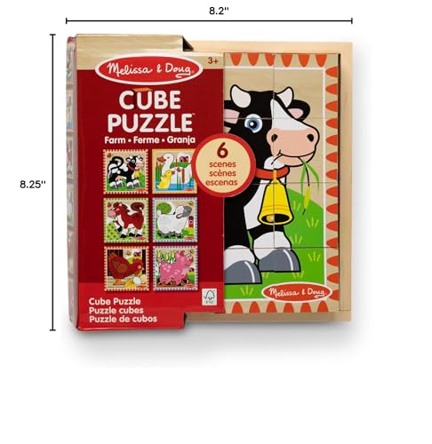 Melissa & Doug Farm Wooden Cube Puzzle – 6-in-1 Animal Puzzle with 16 Cubes & Storage Tray, Educational Farm Toy for Toddlers Ages 3+, FSC Certified