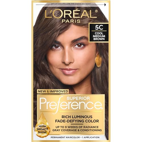 L'Oreal Paris Superior Preference Luminous Fade-Defying Permanent Hair Color, Hair Dye For Up to 9 Weeks of Radiance, Cool Medium Brown 5C, 1 Hair Dye