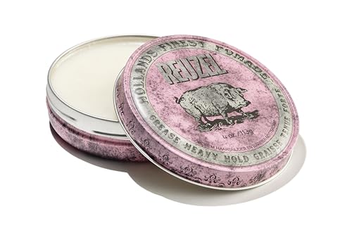 REUZEL Pink Grease Pomade, Strong All Day Hold, Oil-Based Styling Wax, Medium Shine, Easy To Wash Out, For All Hair Types