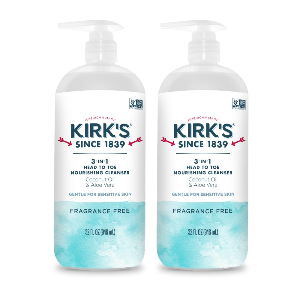 Kirk's Fragrance Free 3-in-1 Nourishing Cleanser, Shampoo Body Wash Bubble Bath, Coconut Oil and Aloe Vera, Vegan Non-GMO, 32 Fl Oz, Pack of 2