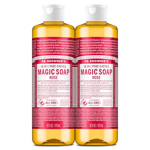 Dr. Bronner's Pure-Castile Magic Liquid Soap (Rose, 16 Ounce, 2-Pack)- Made with Regenerative Organic Certified Oils, 18-in1 Uses: Face, Hair, Hand