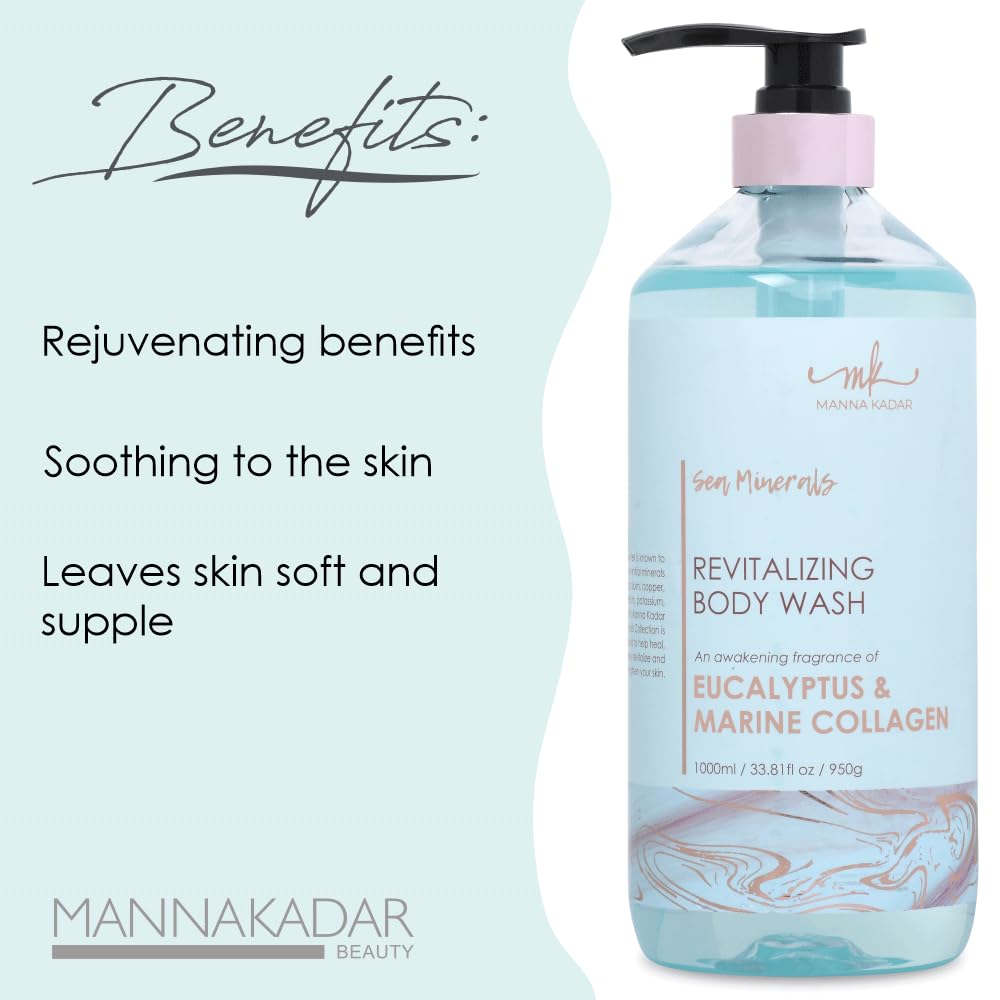 Manna Kadar Beauty Dead Sea Minerals Revitalizing Body Wash, Eucalyptus & Marine Collagen - Clean, Soothe, Revitalizes, Rejuvenates Skin, Shower Gel