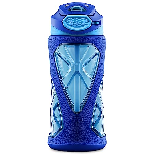 ZULU Torque 16oz Plastic Kids Water Bottle with Silicone Sleeve and Leak-Proof Locking Flip Lid, Soft Touch Carry Loop for School Backpack, Lunchbox