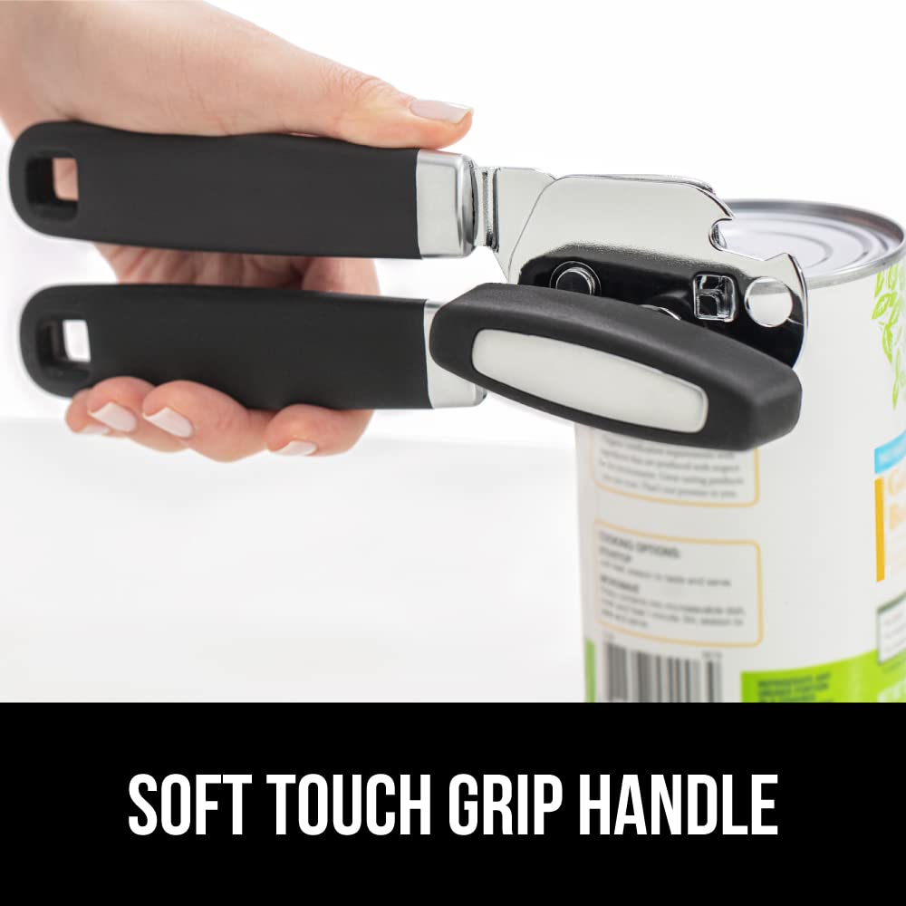 GORILLA GRIP Stainless Steel Can Opener – Smooth Edge Manual Opener with Easy-Turn Knob & Ergonomic Handle – Black