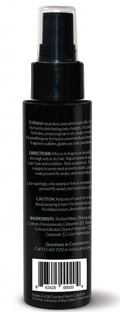 ExStatyk - Anti Static Hypoallergenic Spray, Anti- Frizz, Fragrance Free, unscented