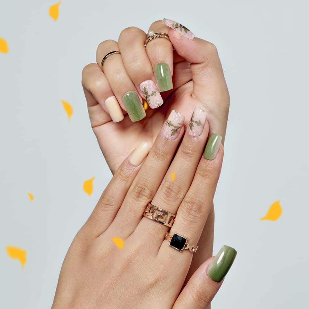 Press on Nails Medium Short Square GLAMERMAID, Amber Green Ferns Fake Nails with Design Cute Acrylic False Nail Kits Stick Glue on Nails Sets