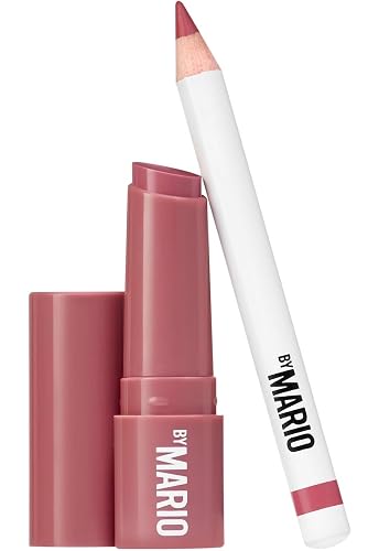 MAKEUP BY MARIO Rosewood Glow Lip Kit - Mini MoistureGlow Plumping Lip Serum & Ultra Suede Sculpting Lip Pencil, Rich Mauve - Hydrating Plumping Lip