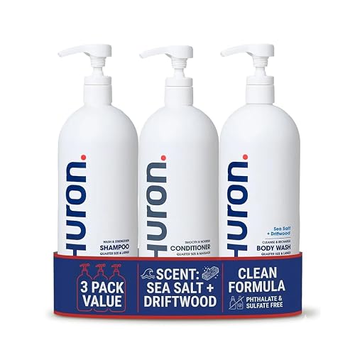 Huron Shower Kit for Men and Women - Shampoo, Conditioner & Body Wash with Sea Salt + Driftwood Scent, Hydrating, Phthalate-Free, non-toxic