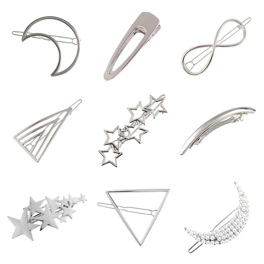 9 Pack Vintage Minimalist Bowknot Circle Moon Star Branch Pearl Metal Silver Hair Clips Hairpins Snap Barrettes Comb Claw Clamp Wedding Bridal