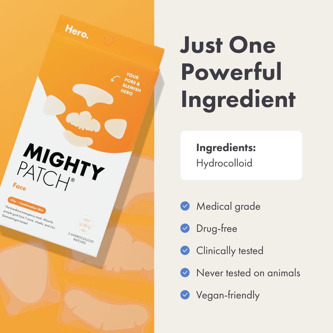 Hero Cosmetics Mighty Patch™ Face Patch - XL Hydrocolloid Face Mask for Acne, 5 Large Pimple Patches for Zit Breakouts on Nose, Chin, Forehead