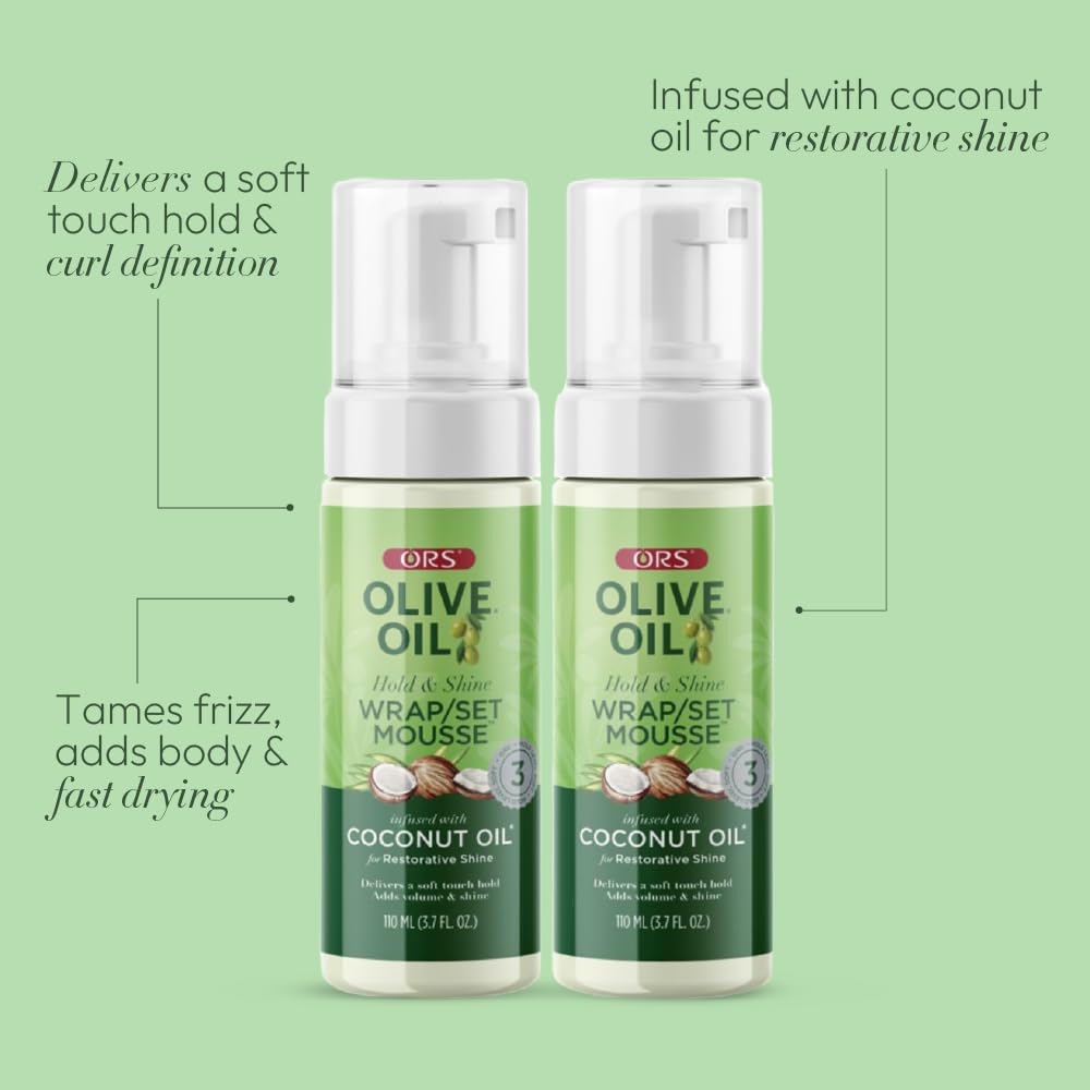 ORS Olive Oil Hold & Shine Wrap Set Mousse Infused with Coconut Oil 3.7 Ounces (Pack of 2)
