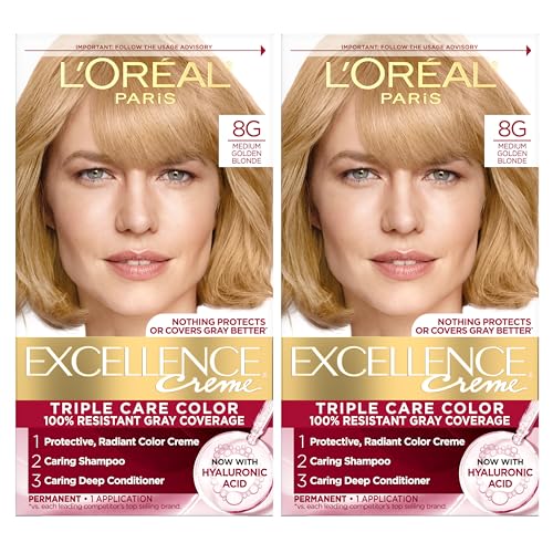 L'Oreal Paris Excellence Crème Permanent Hair Dye, Triple Care Hair Color with Hyaluronic Acid for 100% Gray Coverage, 8G Medium Golden Blonde, 1 Kit