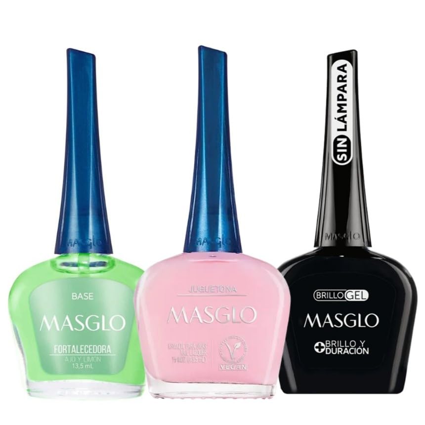 MASGLO Traditional Nail Polish 0.5 Fl. Oz. 3 piece kit with BASE FORTIFIER, color JUGUETONA and TOPCOAT GEL Beauty & Personal Care MASGLO