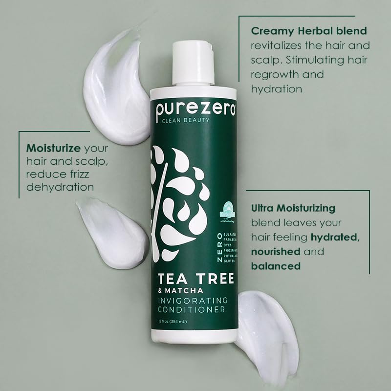 Purezero Tea Tree & Matcha Shampoo and Conditioner Set - Nourishing & Invigorating Scalp Treatment - Zero Sulfates, Parabens, Dyes Vegan and Cruely