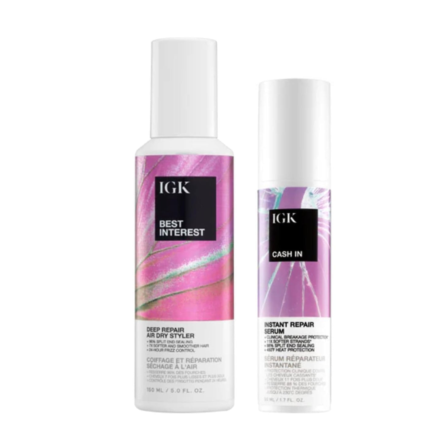 IGK Best Interest + Cash In Split Ends Repair Duo | Leave In Air Dry Serums for Damaged Hair | Instant Hair Breakage Treatment | 5 oz + 1.7 oz