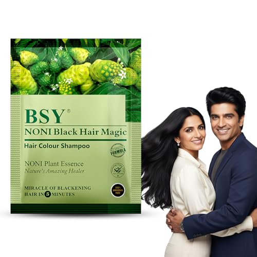 BSY Noni Black Hair Magic Hair Color Shampoo (12ml x 5 Sachets) | Ammonia-Free Permanent Noni Fruit Hair Dye | Natural Black Shade in 5 Minutes
