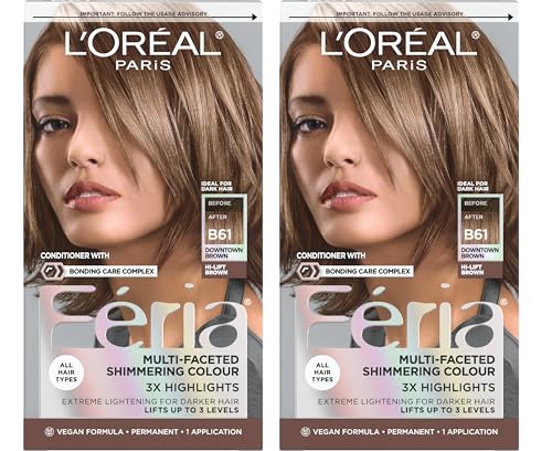 L'Oreal Paris Feria Multi-Faceted Shimmering Permanent Hair Color, B61 Downtown Brown, Hair Dye Kit, Pack of 2