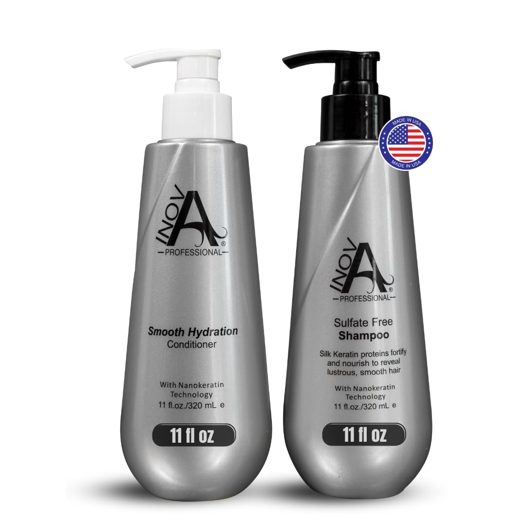 Inova Professional Silk Keratin Shampoo & Conditioner Set - Smooth Protection Sulfate-Free Shampoo & Smooth Hydration Conditioner (11 Oz), grey