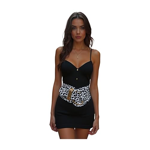 Women Leopard Elastic Wide Belt - Hip High Waist Gold Hook Buckle Animal Print Size L - XL