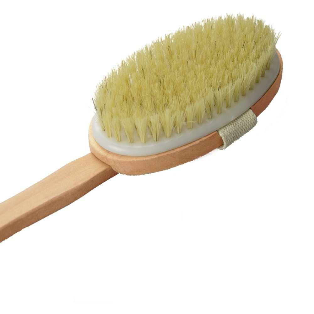 Dry Skin Body Brush 16"- Natural Bristle - For Dry Brushing - Detachable Handle -Removes Dead Skin & Toxins, Helps Cellulite, Lymphatic Functions