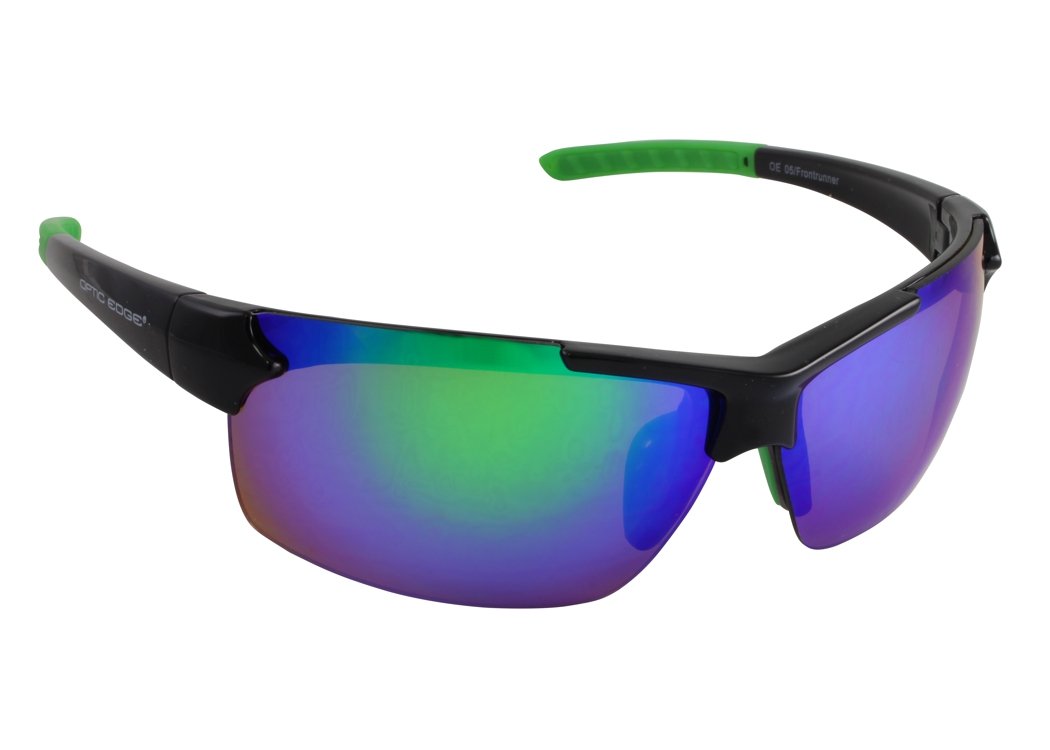 Optic Edge Frontrunner Sports & Motorcycle Sunglasses for Men or Women Semi-Rimless Black Frame w/Dielectric Green Mirror Lenses