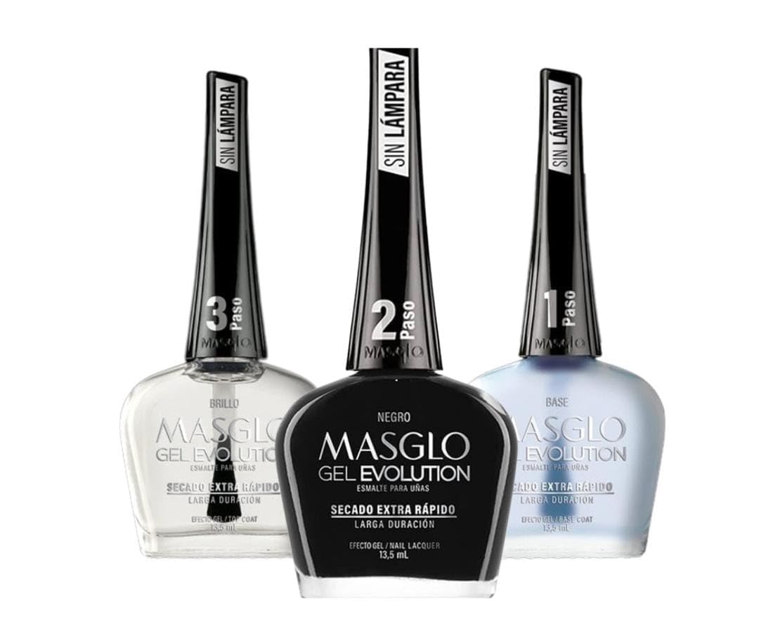 MASGLO GEL EVOLUTION Nail Polish Gel Effect, No UV/Led Lamp, Duration Up to 12 days, 3 PCs -Base, Esmalte NEGRO, Brillo - Efecto Gel sin necesidad de Beauty & Personal Care MASGLO
