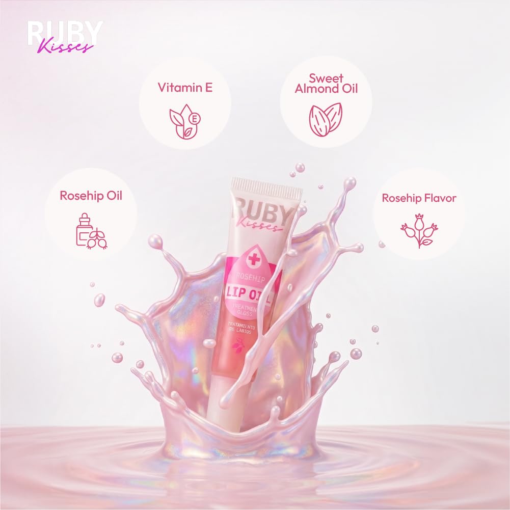Ruby Kisses Hydrating Lip Oil Treatment Gloss with Rosehip Oil (3 Pack), Moisturizing Natural Shine Lip Care Protects & Heals with Vitamins,