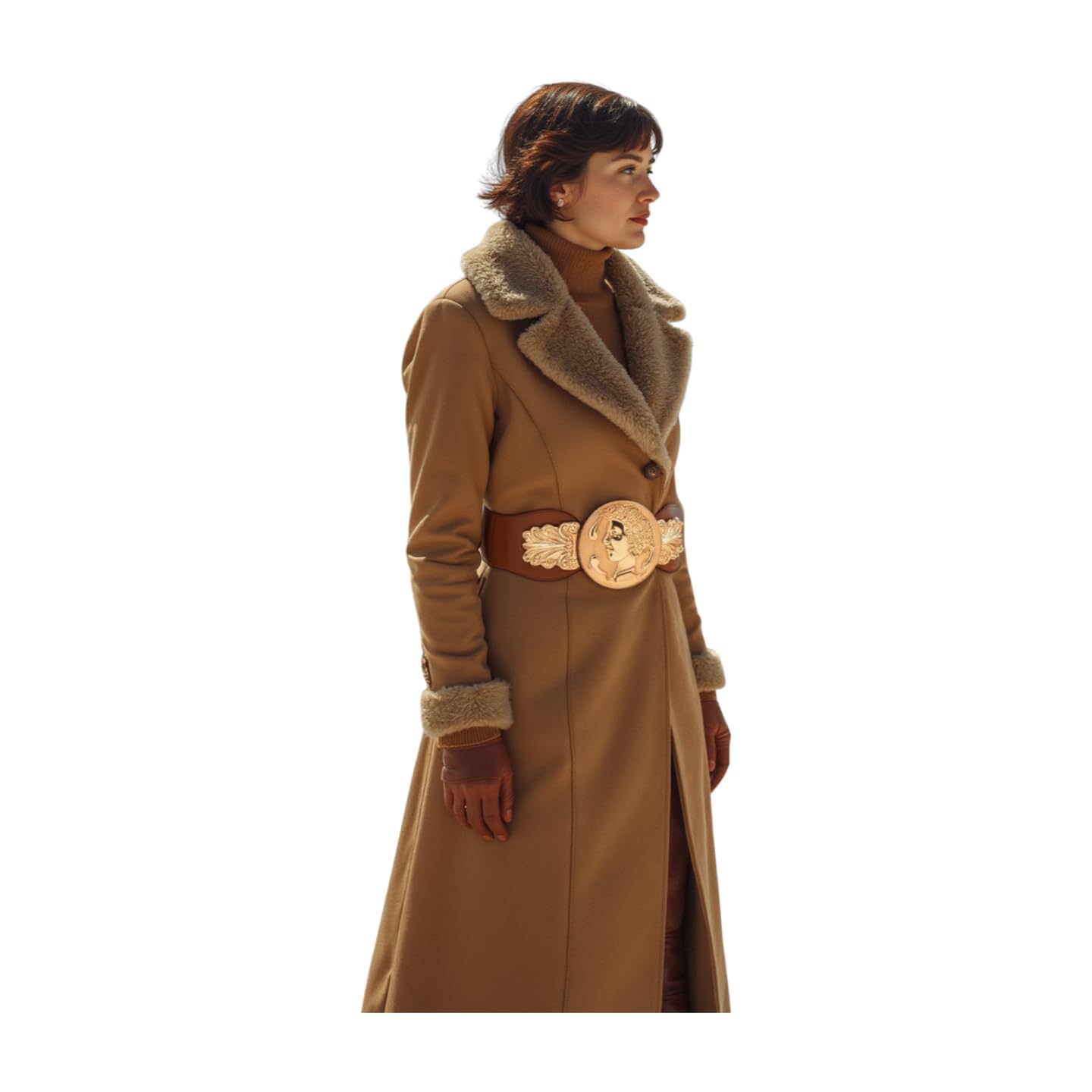 Women Fashion Wide Elastic Belt Hip Waist Gold Metal Greek Coin Buckle S M Brown