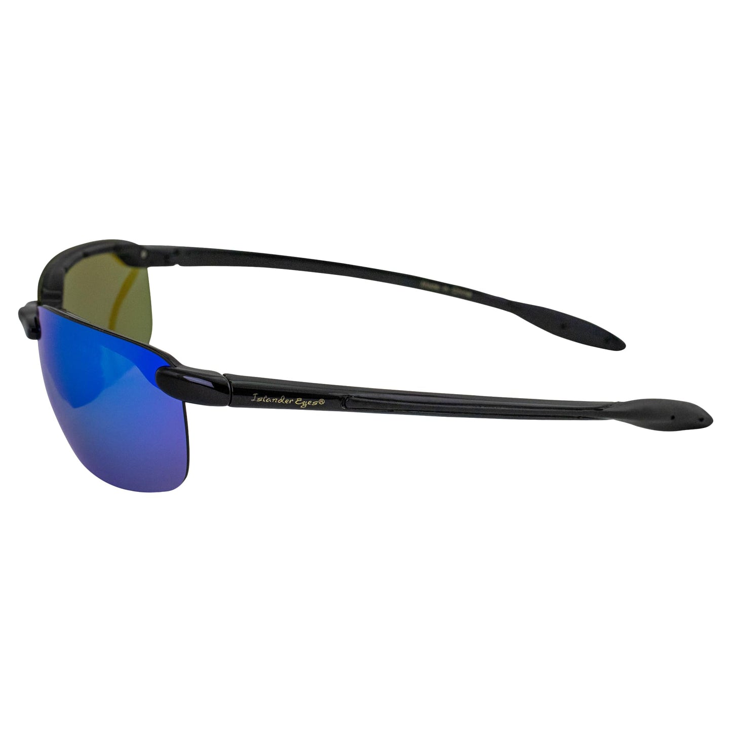 Islander Eyes Nevis Polarized Sunglasses for Men or Women Rimless Sports Wrap Black Temples w/Blue Mirror Lens