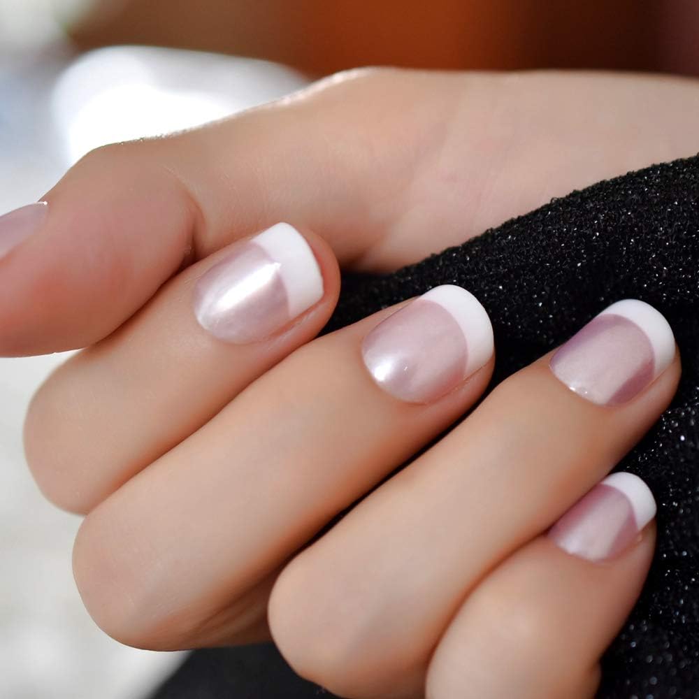 Elevenail Summer Nails Glossy Pearl Pink White French False Nails Short Squoval Press on Nails Fake Salon Manicure Faux Ongles Reusable Nail Art Tips