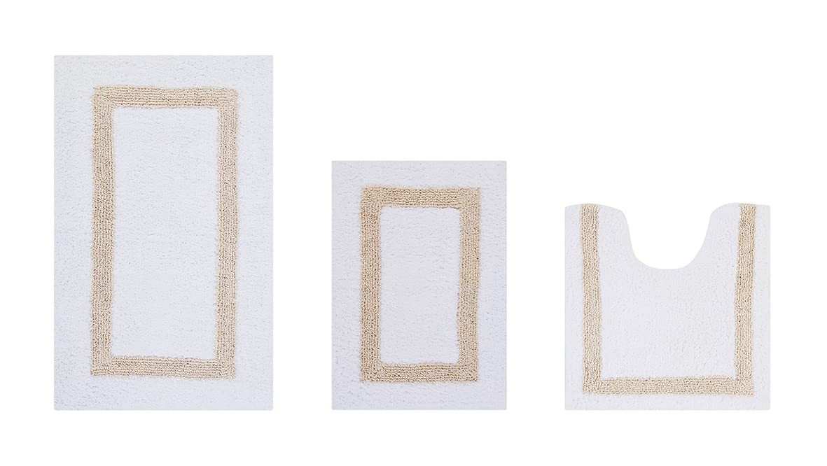 Better Trends 100% Cotton Hotel Collection Bath Mats Set, White & Sand Mats - Tufted, Reversible & Absorbent & Machine Washable 3 Piece Bathroom Rug…