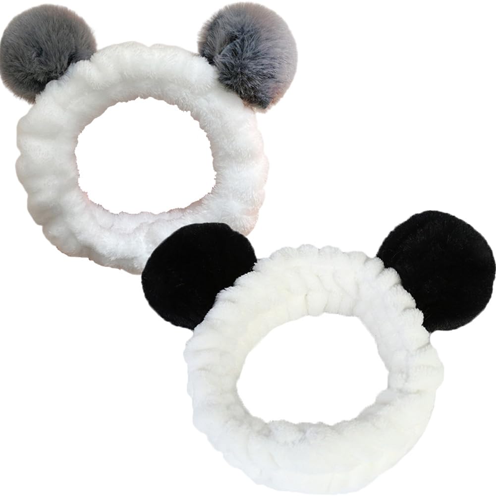 LJJCSFF 2 Pcs Panda Makeup Headband Washing Face Hair Band Fluffy Skincare Headbands Reusable Spa Headwrap Shower Head Wrap for Women Girls