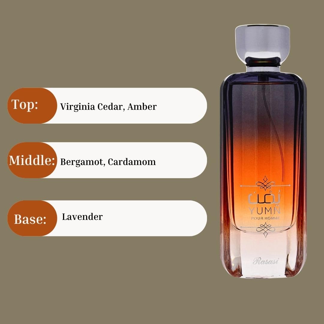 RASASI Yumn Eau De Parfum Spray 100ML (3.38 OZ) Arabian Warm Spicy And Refreshing Men's Perfume, Long Lasting, Luxurious Scent